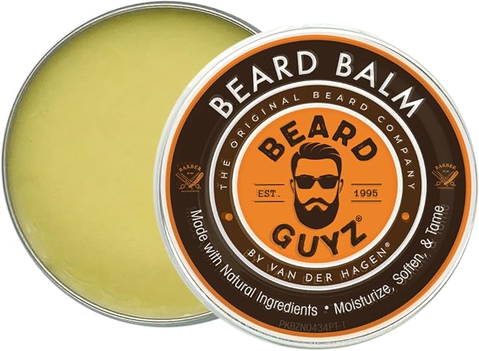 Two round metal tins of Beard Guyz Beard Balm on a white background, with one tin open to show the pale yellow balm and the other showing the front label.