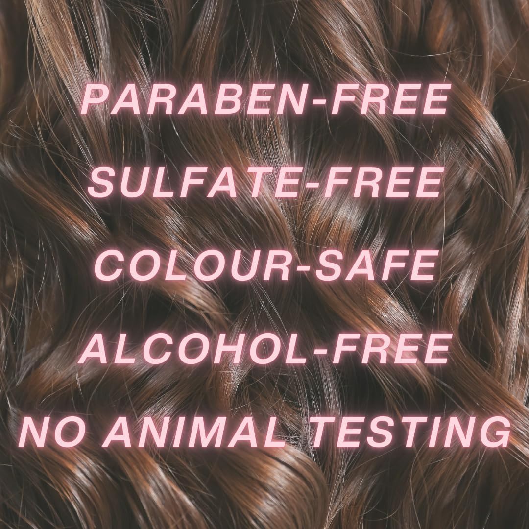 Brown hair with text highlighting paraben-free, sulfate-free, color-safe, alcohol-free, and no animal testing.