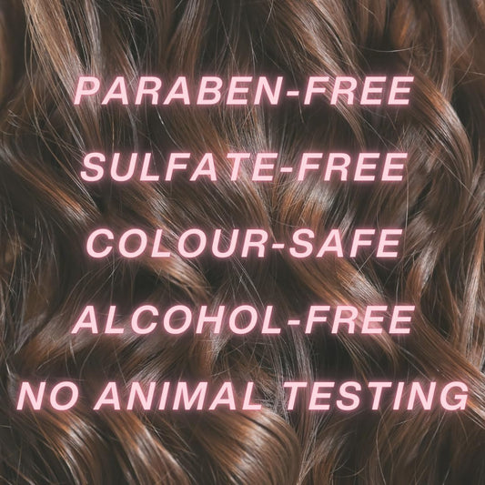 Brown hair with text highlighting paraben-free, sulfate-free, color-safe, alcohol-free, and no animal testing.