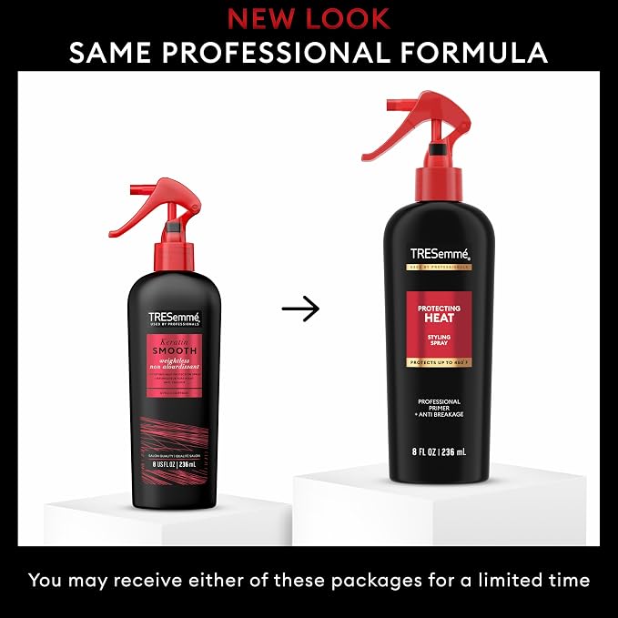 Two Tresemme hair product bottles with red nozzles on a white background
