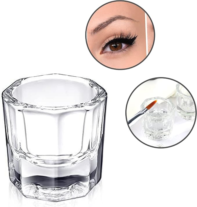 A clear glass cosmetic brush holder or cup shown on a white background, with two circular inset images demonstrating use: one showing an eye with long lashes and one showing a makeup brush dipping into the clear liquid.