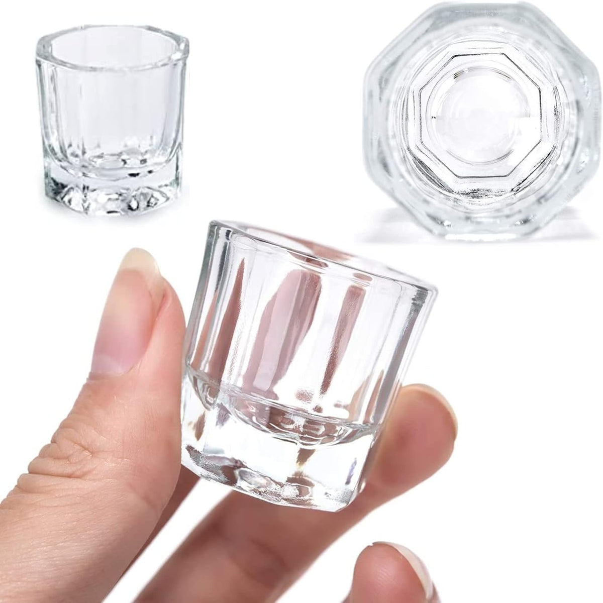 A clear glass shot glass being held between fingers, with two additional views of the same transparent glass shown on a white background.