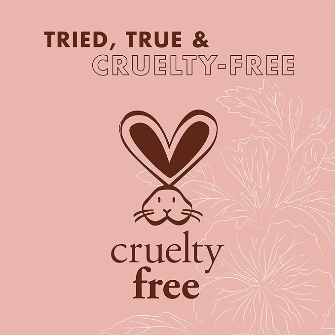 Cruelty-free logo with heart and rabbit silhouette on a pink background with floral elements.