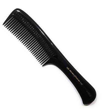 A glossy black plastic wide-tooth comb with gold lettering on the handle, shown on a plain white background.