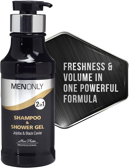 MenOnly shampoo and shower gel bottle with pump on a white background