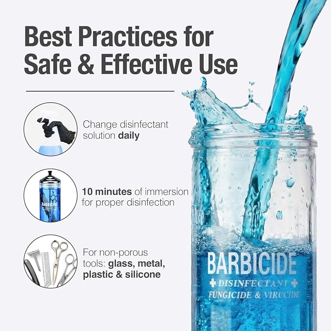 Barbicide disinfectant being poured into a container with safety usage instructions.