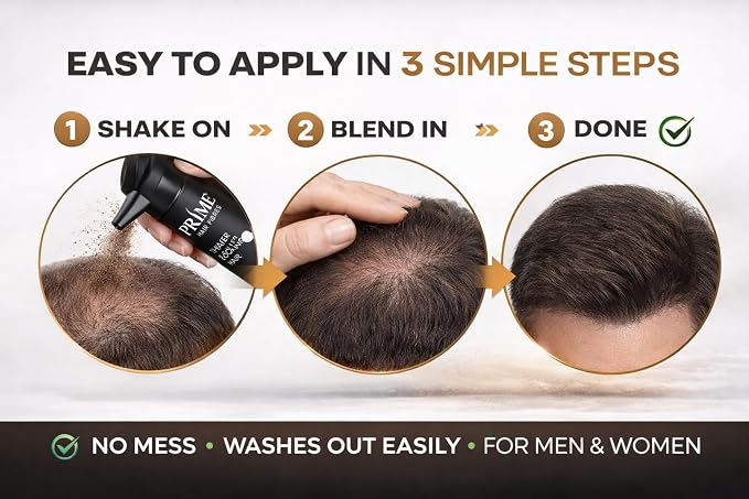 Promotional graphic for a hair product showing three circular steps: shaking on dry hair, blending into the scalp, and the finished result. Text reads 'EASY TO APPLY IN 3 SIMPLE STEPS' and 'NO MESS • WASHES OUT EASILY • FOR MEN & WOMEN'.