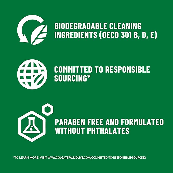 Green background with white icons and text about biodegradable cleaning ingredients and responsible sourcing.