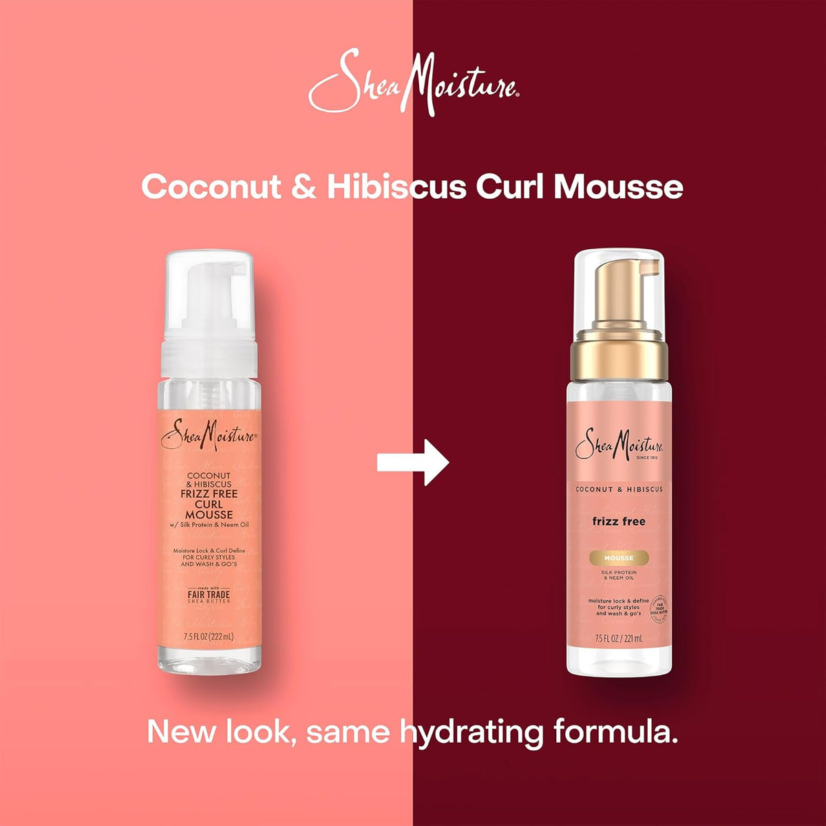SheaMoisture Coconut & Hibiscus Curl Mousse bottles on a split background with brand name.