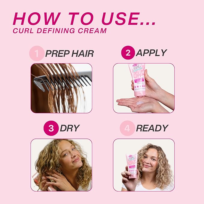 Step-by-step guide on how to use curl defining cream with images and text on a pink background.