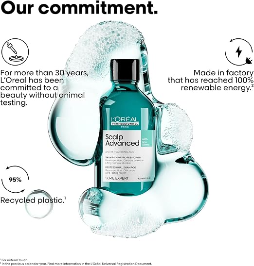 L'Oreal Scalp Advanced bottle with environmental claims on a white background