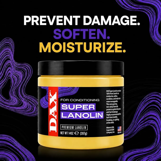 A jar of DAX Super Lanolin conditioner with a yellow body, black lid, and black label, set against a black background with purple abstract swirls and the text 'PREVENT DAMAGE. SOFTEN.