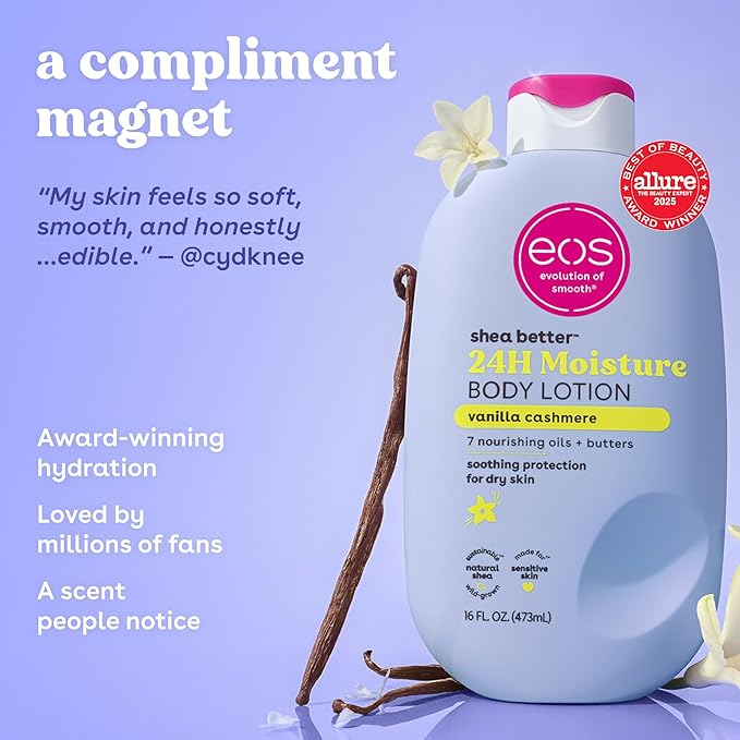 eos shea butter 24H Moisture Body Lotion bottle with vanilla and cashmere elements on a purple background