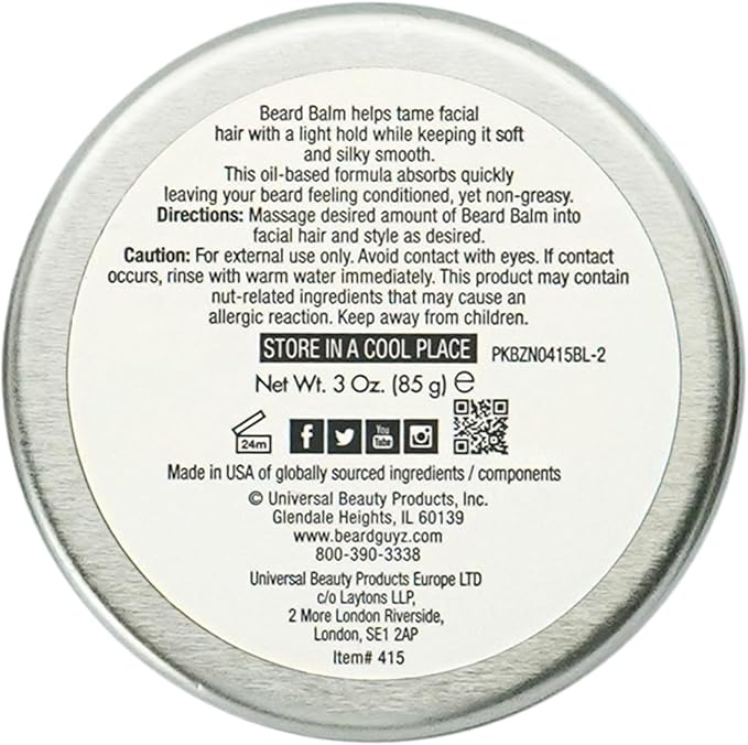 The back of a round metal tin containing Universal Beauty Products Beard Balm, showing product details, directions, and ingredients in black text on a white background.