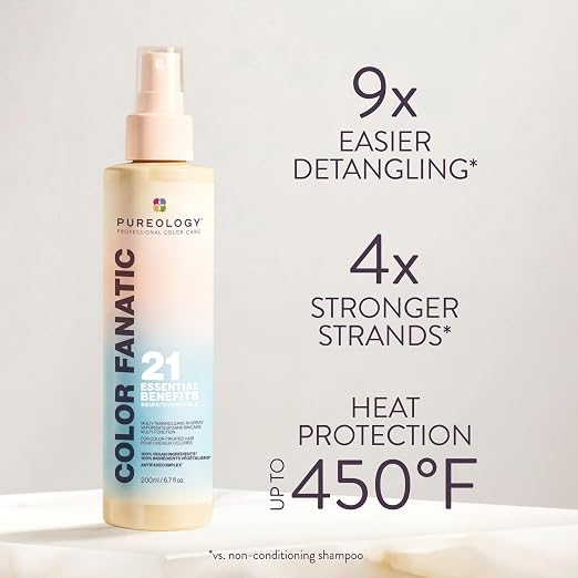 Pureology Color Fanatic hair product with text highlighting benefits on a light background