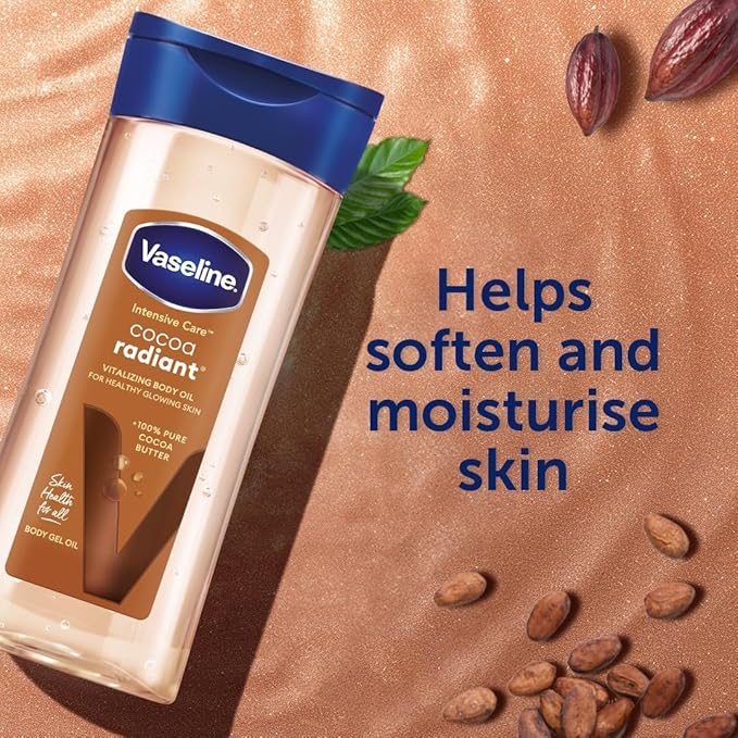 Vaseline Intensive Care Cocoa Radiant body gel oil with cocoa beans and a leaf on a brown background