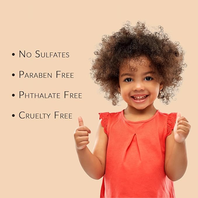 Child in a coral dress giving a thumbs-up against a beige background with product safety features listed.