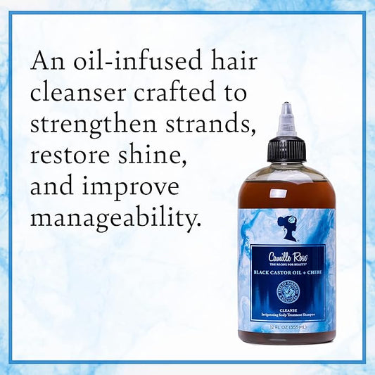Bottle of oil-infused hair cleanser with text on a light blue background