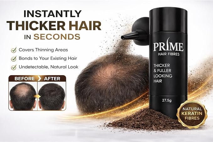 Prime Hair Fibres Instantly Thicker Hair in Seconds promotional graphic showing a black cylindrical hair fibre stick, a pile of dark brown hair fibres, a before-and-after hair thinning demonstration inset, and marketing text on a white background.