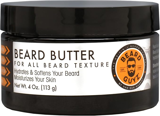 A black jar of Beard Butters For All Beard Texture by Beard Guyz, featuring a white label with black text and an orange circular logo.