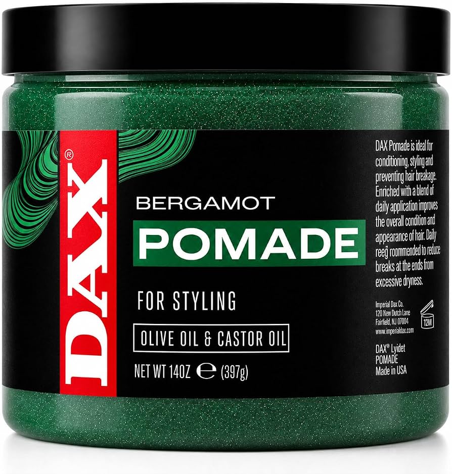 DAX Bergamot Pomade for styling in a 14oz green jar with a black lid and black label featuring red and green branding.