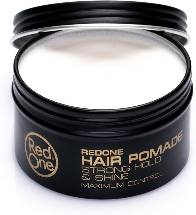 Black jar of RedOne Hair Pomade with gold text on a white background
