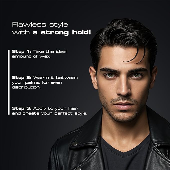 Man with styled hair against a black background with text about hair styling product use.
