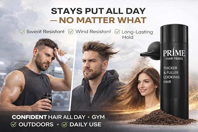 PRIME Hair Fibres Thickener & Fuller Looking Hair product bottle shown on the right, with three models demonstrating hair hold in outdoor and gym settings on the left. Text highlights sweat, wind, and long-lasting hold.