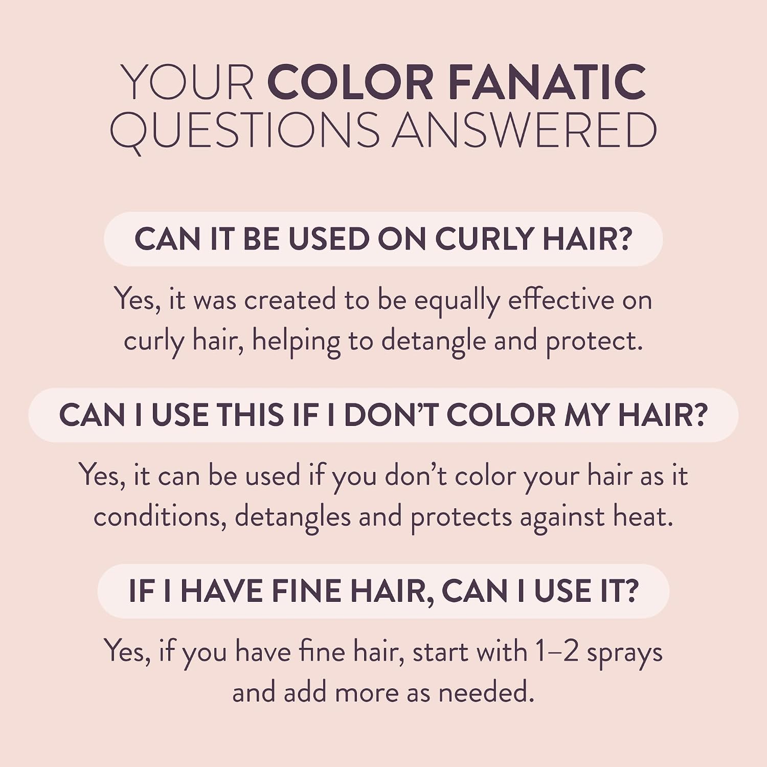 Text answering common questions about a hair care product on a pink background