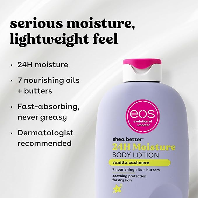 EOS shea butter 24H moisture body lotion with product details on a white background