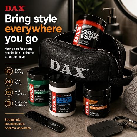 DAX on-gogo hair care set including a black zippered travel pouch with large DAX logo, several hair growth and treatment jars, a comb, and accessories arranged on a bathroom counter with promotional text.
