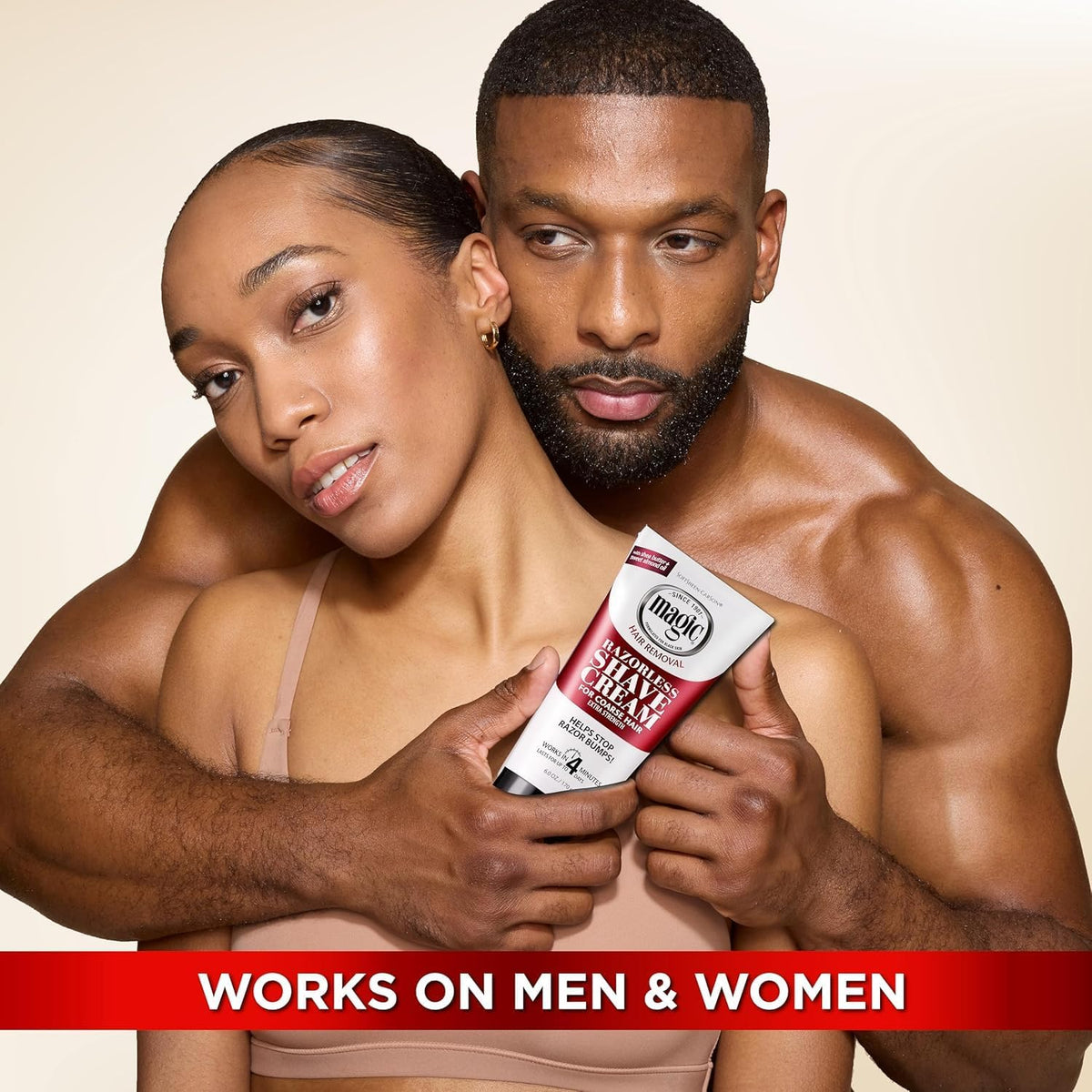 Man and woman holding a product with 'Works on Men & Women' text