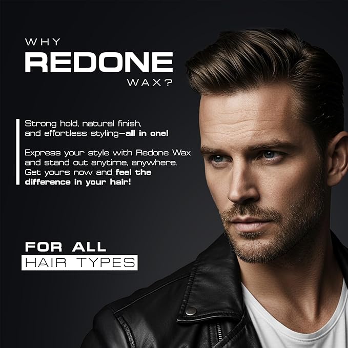 Advertisement for Redone wax featuring a man with styled hair on a dark background.