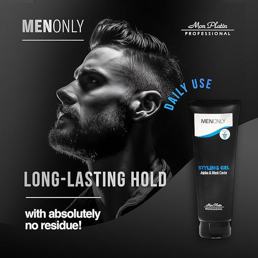 Advertisement for MenOnly styling gel with a man's face and product packaging on a dark background.