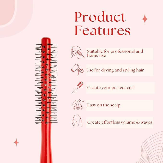A red hairbrush is shown on a light pink background with the words 'Product Features' and a list of benefits in red text and simple line drawings.