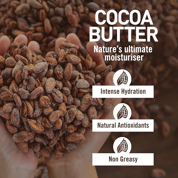 A close-up of hands holding a pile of cocoa butter beans, with large white text reading 'COCOA BUTTER' and smaller text 'Nature's ultimate moisturiser.' Three feature callouts appear on the right: 'Intense Hydration,' 'Natural Antioxidants,' and 'Non Greasy,' over a dark brown background of more cocoa beans.
