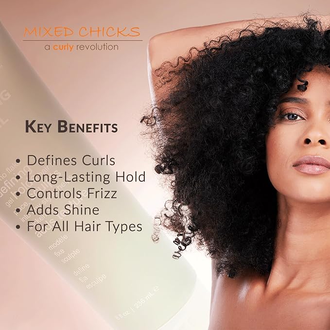 Advertisement for 'Mixed Chicks' hair product with a woman's face and curly hair, featuring key benefits.