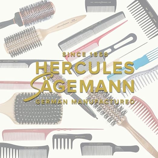 A collage of hair tools including brushes and combs in muted pink, beige, gray, and blue tones, arranged around large gold text reading 'HERCULES SÄGEMANN' with 'SINCE 1855' and 'GERMAN MANUFACTURED' on a light background.