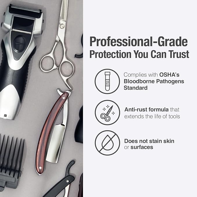 A promotional graphic showing several grooming tools on a light gray background: a silver-and-black electric trimmer, a straight razor with a reddish-brown handle, silver scissors, a black comb guard, and a curved blade attachment. Text on the right reads, 'Professional-Grade Protection You Can Trust' with three feature callouts about OSHA compliance, anti-rust formula, and skin/stain resistance.