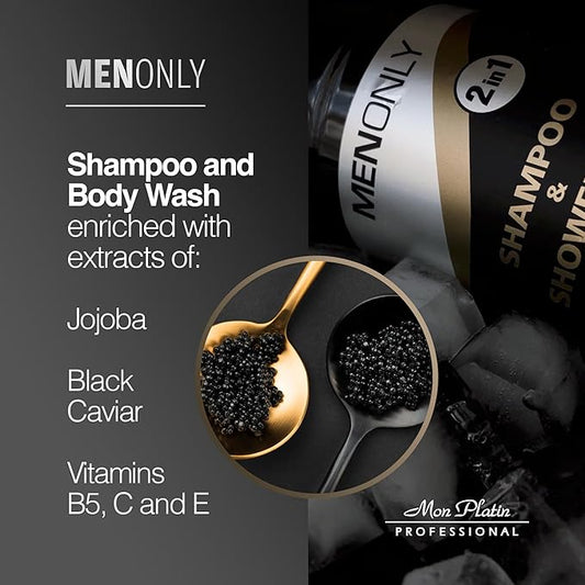 Menonly shampoo and body wash packaging with ingredients listed on a dark background