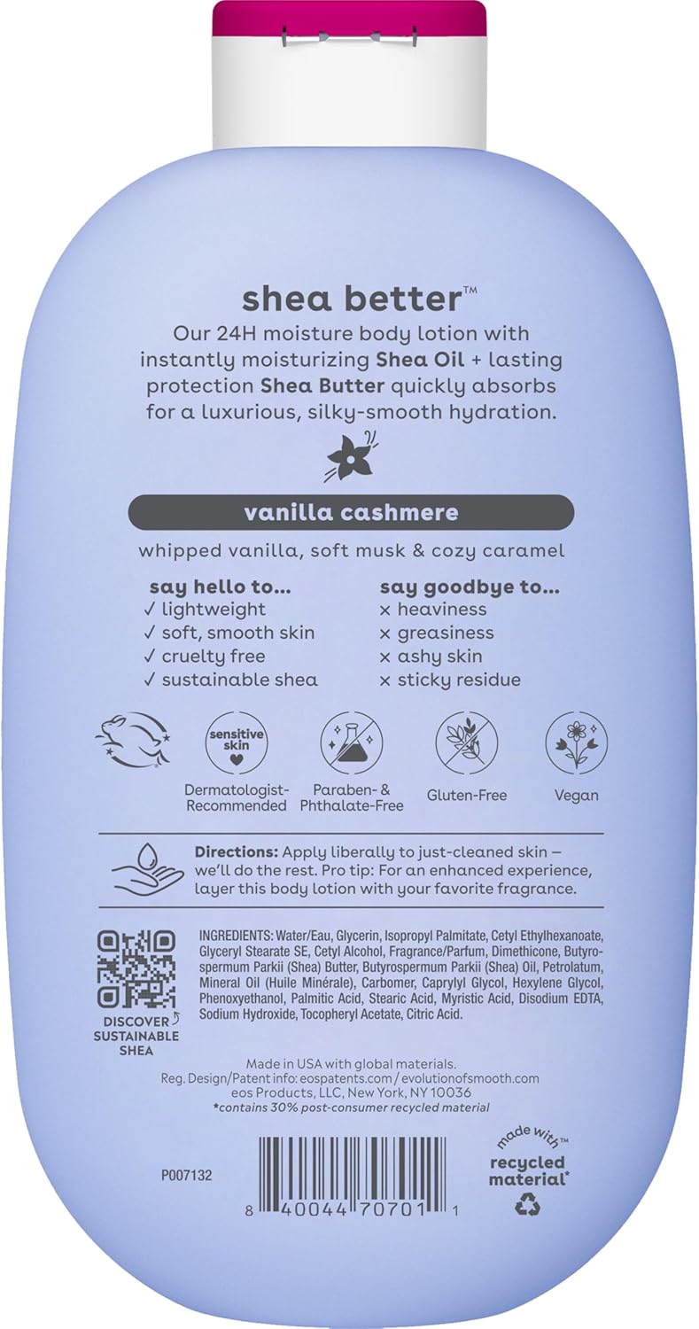 Back view of a light blue bottle of Shea Better Shea Butter body lotion in the vanilla cashmere scent, showing product details, ingredients, and a barcode.