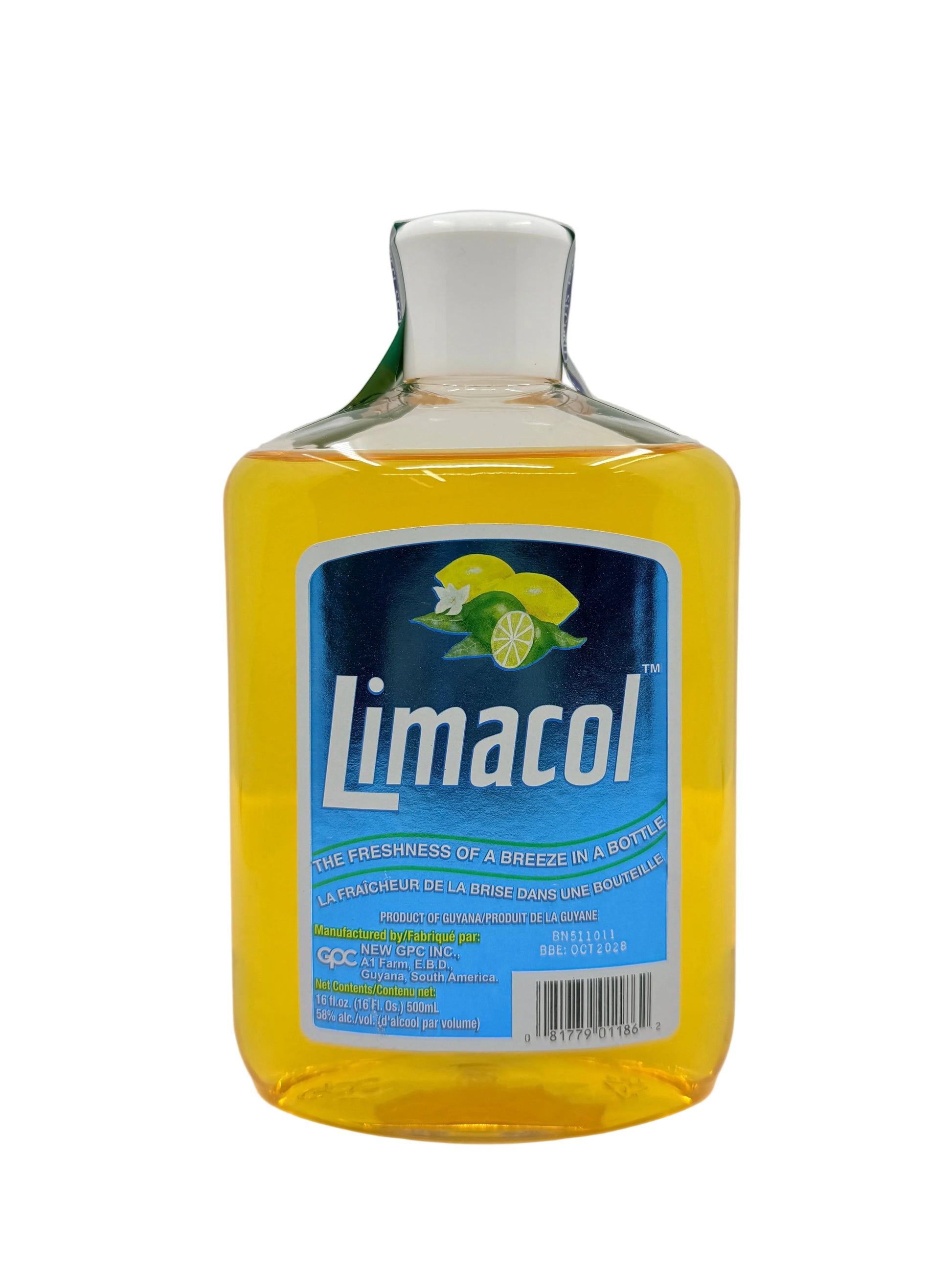 Limacol bottle with yellow liquid on a white background