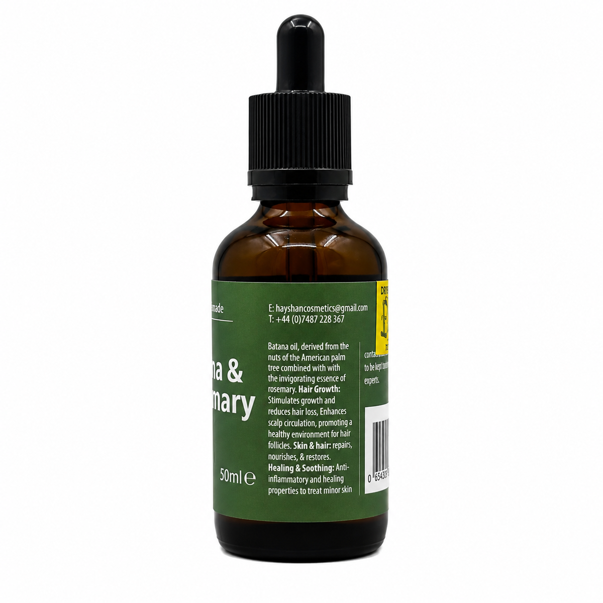 An amber glass dropper bottle with a black dropper cap and a dark green label, shown against a plain white background. The label contains white text and a yellow warning label on the right side.