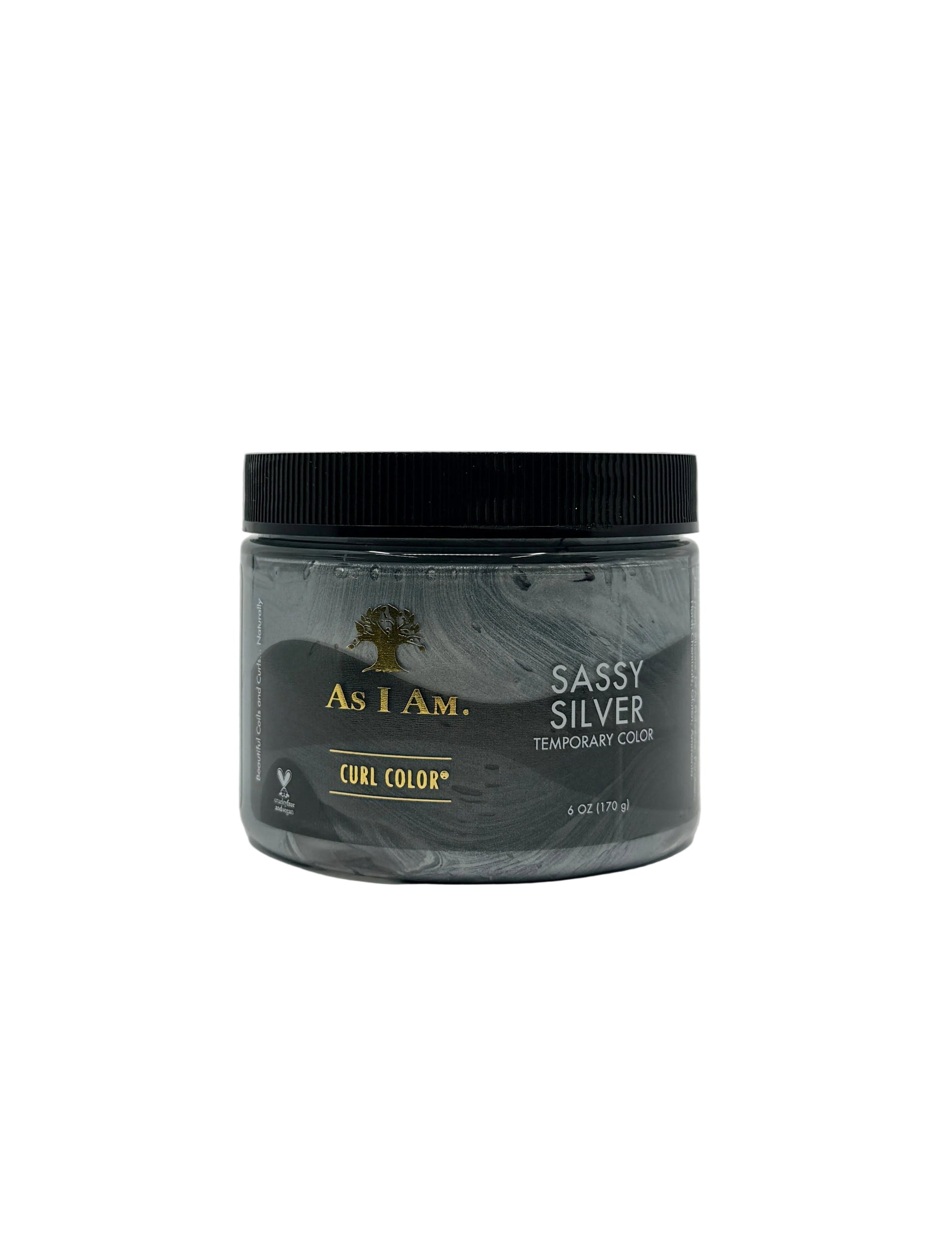 Jar of 'Sassy Silver' hair color by As I Am on a gray background