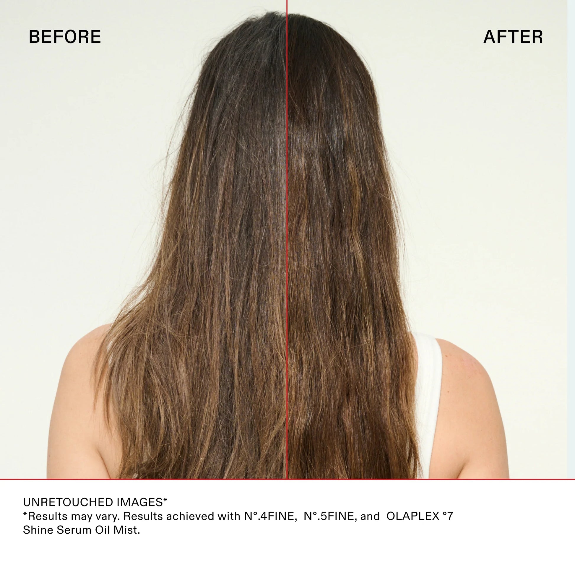 Before and after comparison of hair with a red line down the middle, showing the effect of a hair treatment.