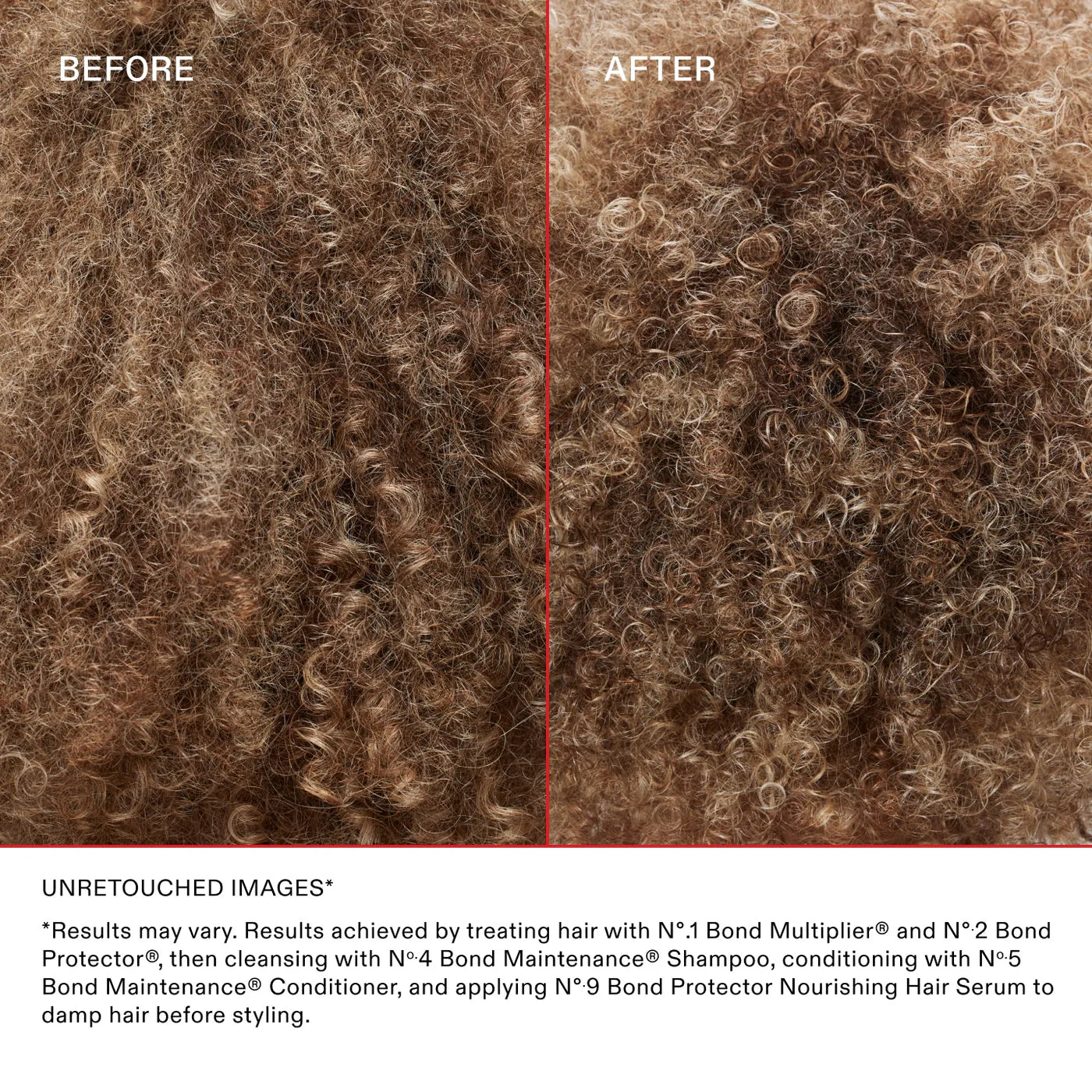 Before and after comparison of hair treatment with curly hair shown.