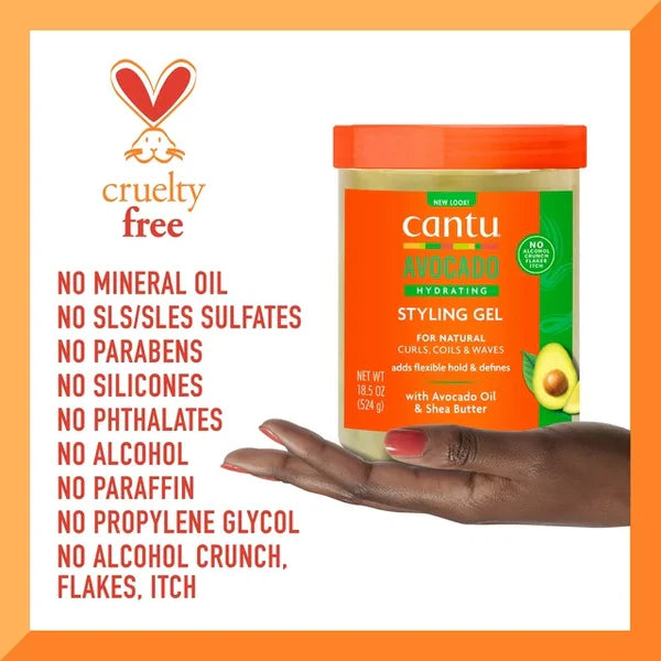 Cantu Avocado Hydrating Styling Gel with a hand holding it, surrounded by 'cruelty free' text.