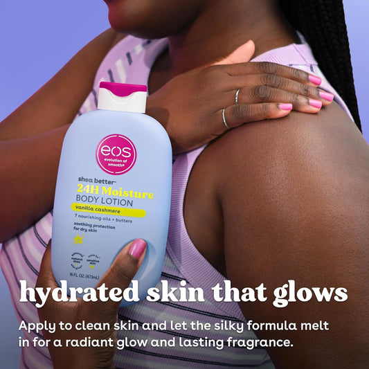 Person holding an EOS body lotion bottle with promotional text on a purple background