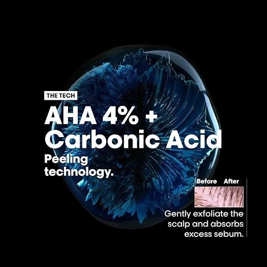 A promotional graphic on a black background featuring a blue circular hair/scalp texture image with white text reading 'THE TECH AHA 4% + Carbonic Acid Peeling technology.' A small before/after hair close-up appears at lower right with the caption 'Gently exfoliate the scalp and absorbs excess sebum.