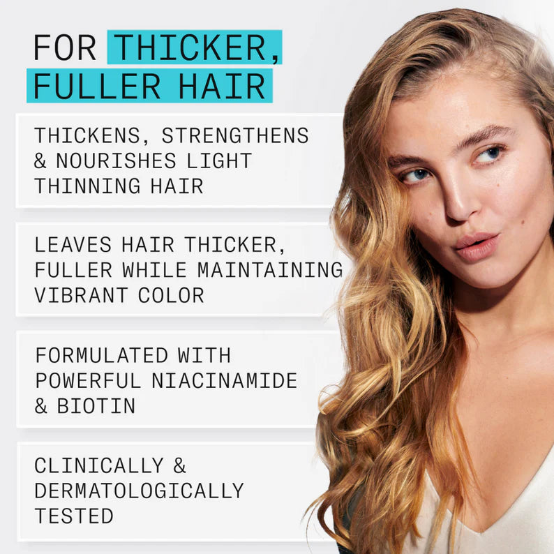 Advertisement for hair product with text and a model with styled hair.